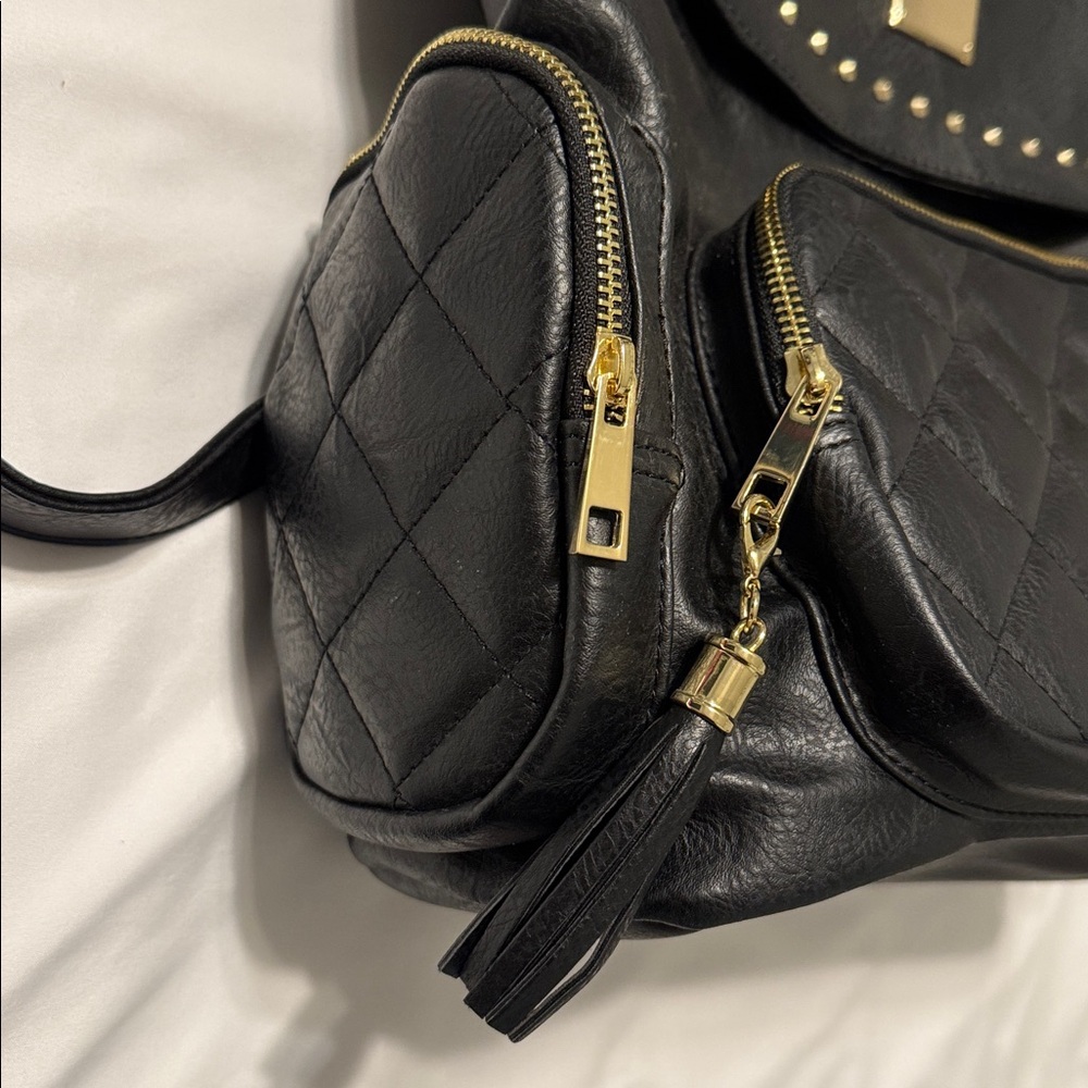 Black Vegan Leather with Gold Studs Backpack Rucksack NWT Multi-pocket - Picture 4 of 8